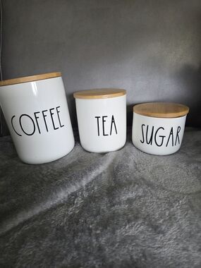 White Ceramic Coffee Tea Sugar Canister Set with Bamboo Lids